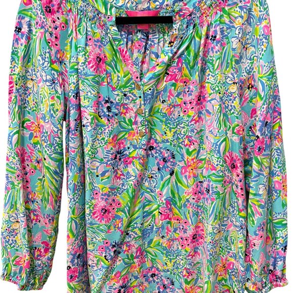 Lilly Pulitzer Elsa Alligator Isle Amalfi Blue Floral Print 100% Silk Blouse L - Picture 2 of 6